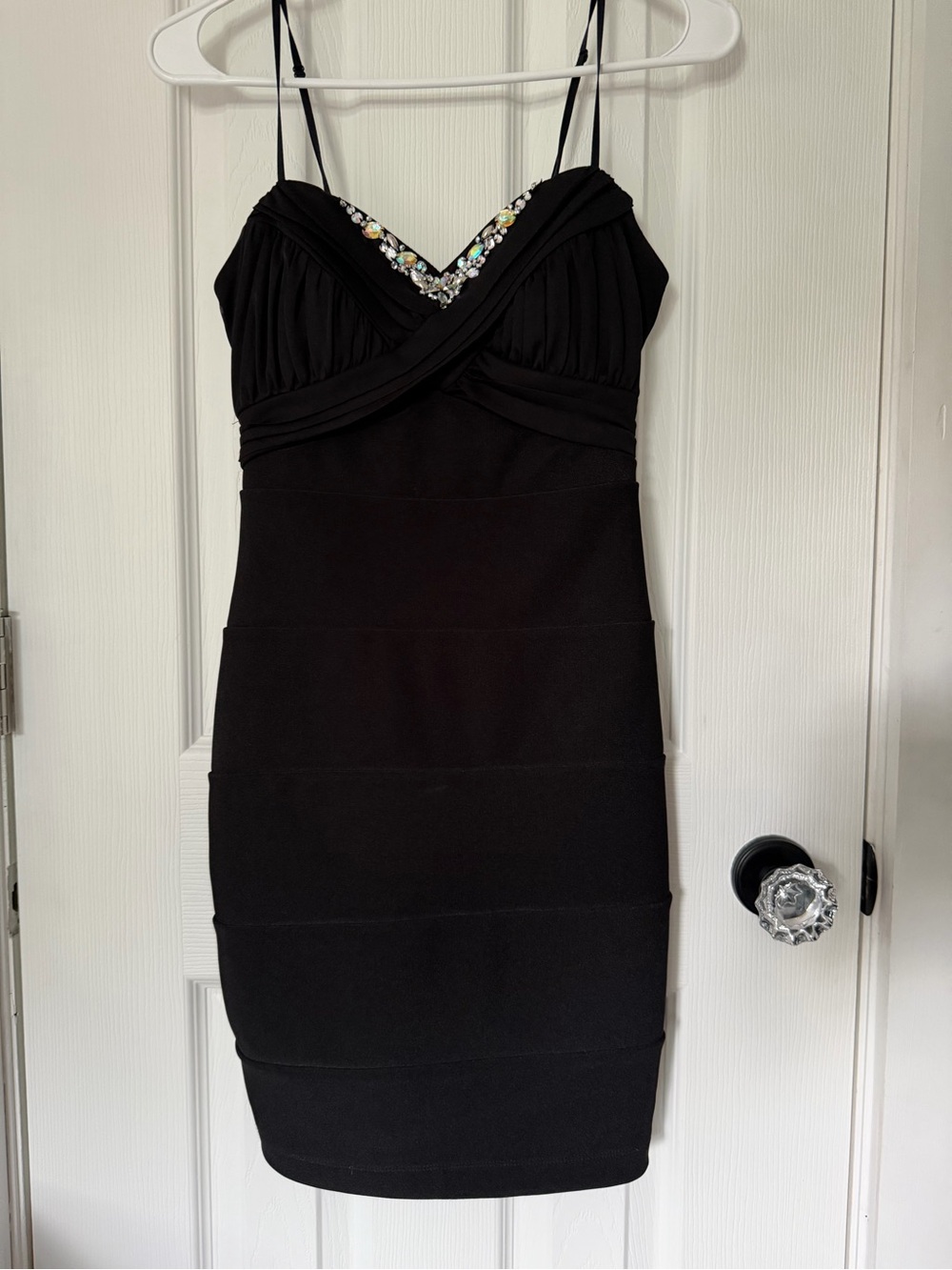 Emerald Sundae Black Jeweled V‑Neck Spaghetti Strap Mini Dress